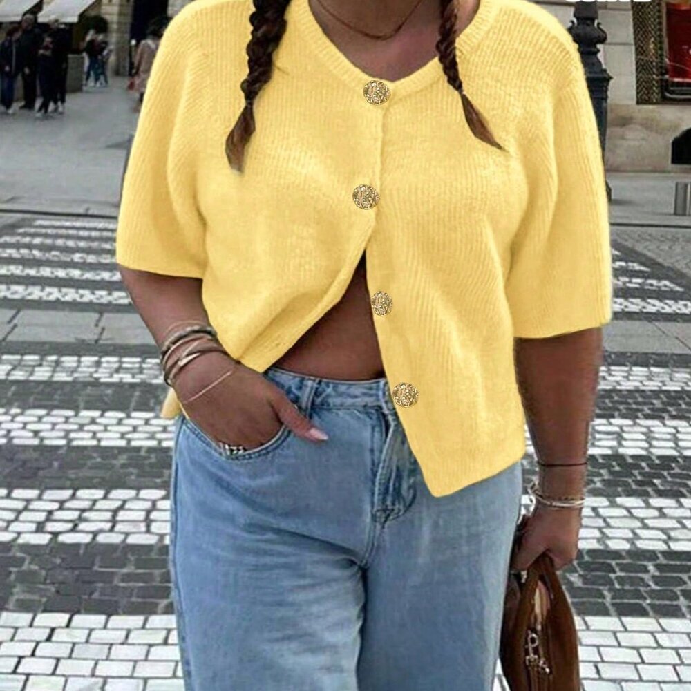 Yellow Casual Women's Plus Size Loose Knitted Short Slouchy Cardigan Top - Picture 1 of 8